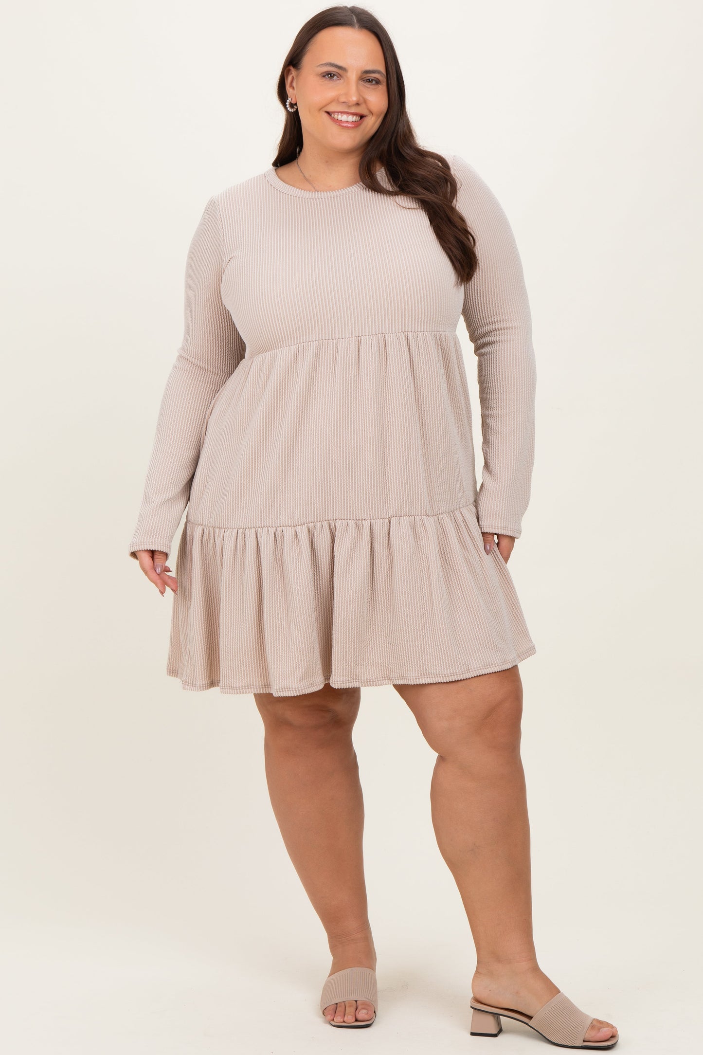 Beige Textured Rib Tiered Long Sleeve Maternity Plus Dress