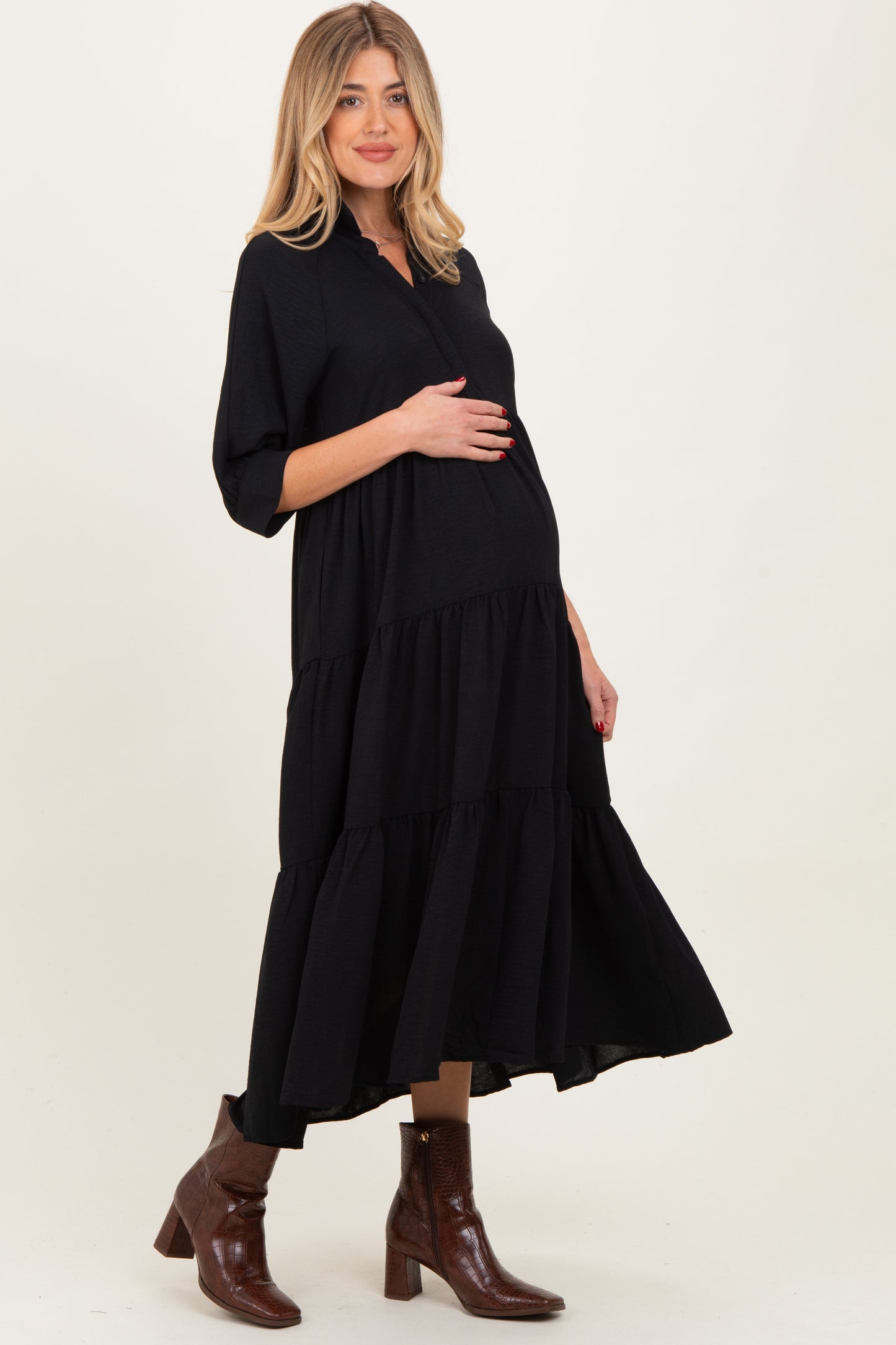 Black Collared Button Up Tiered Maternity Midi Dress