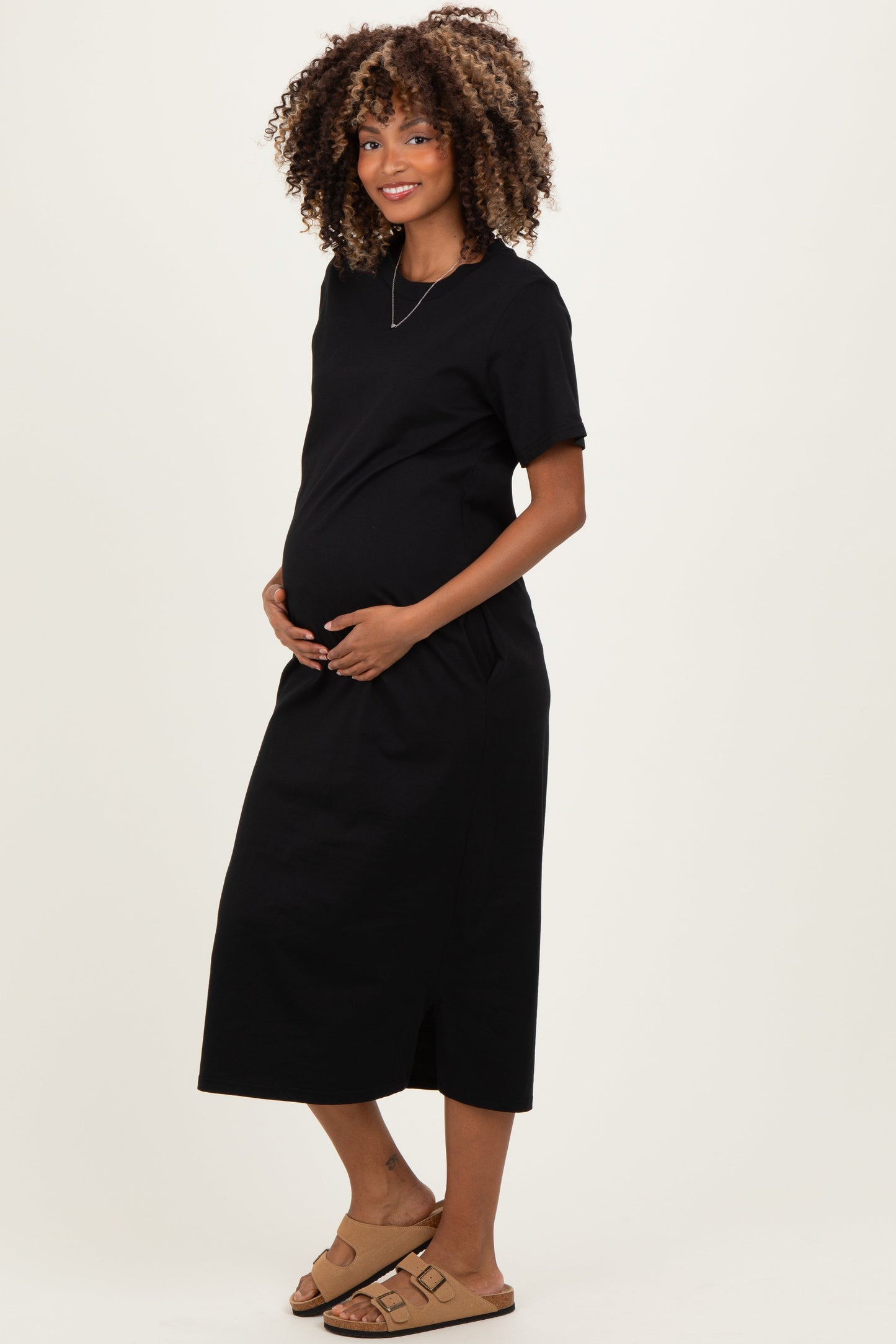 Black Cotton T-Shirt Maternity Midi Dress