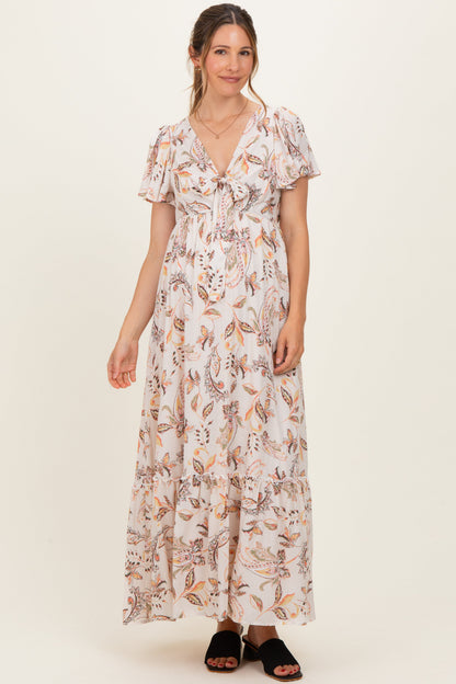 Beige Vintage Floral Short Sleeve V-Neck Tiered Maternity Maxi Dress