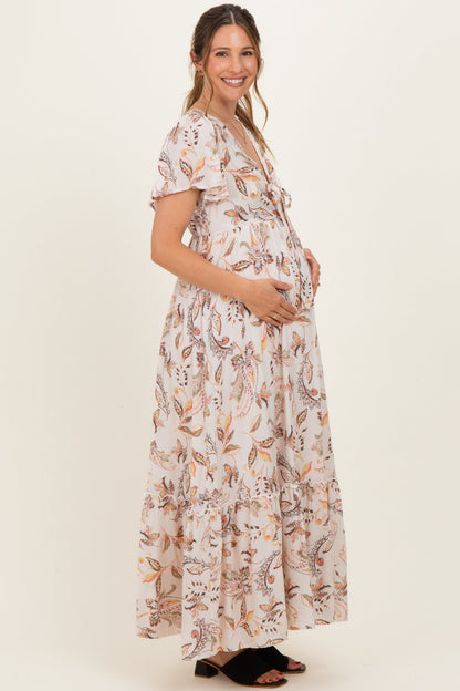 Beige Vintage Floral Short Sleeve V-Neck Tiered Maternity Maxi Dress
