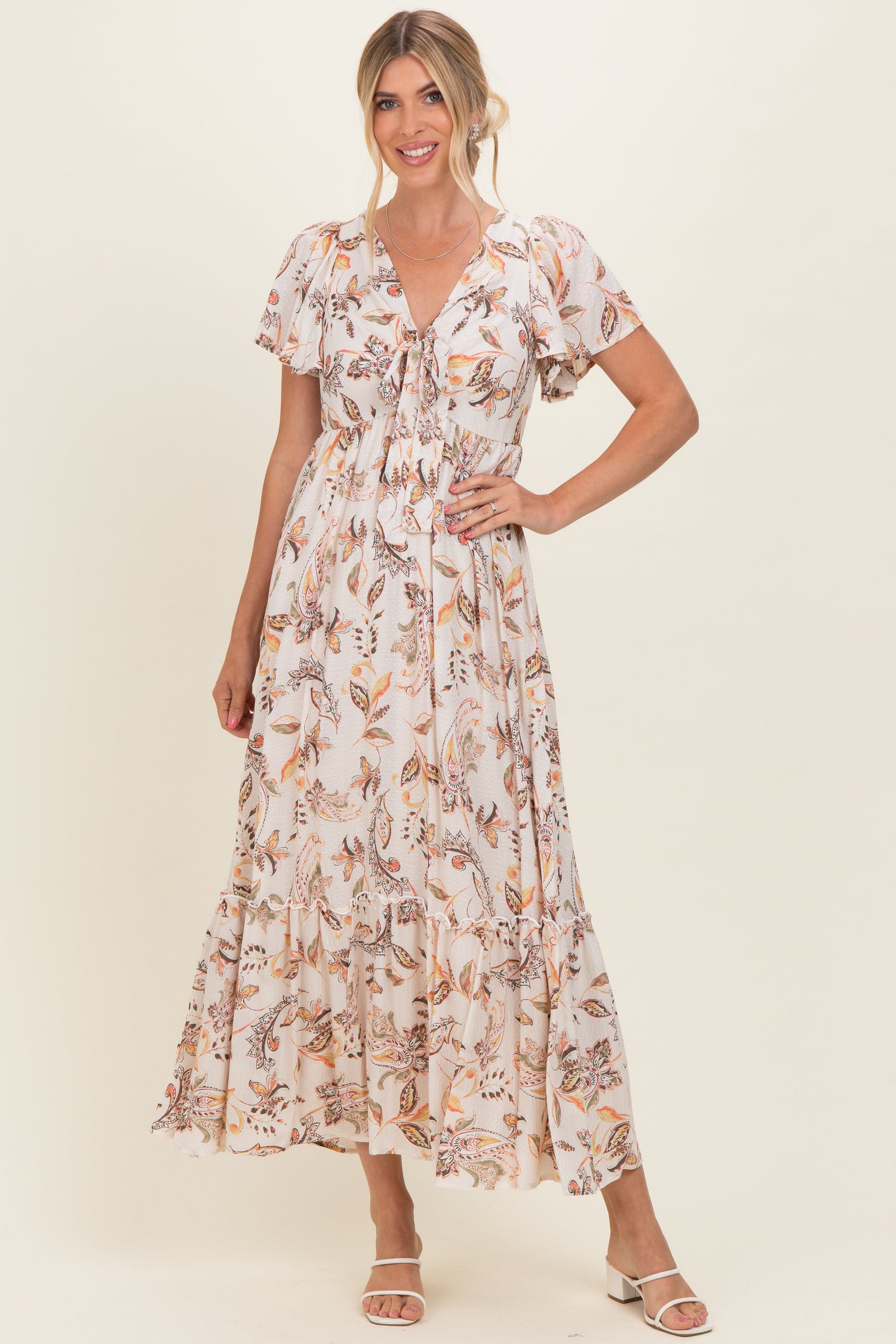 Beige Vintage Floral Short Sleeve V-Neck Tiered Maxi Dress