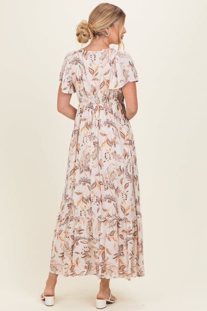 Beige Vintage Floral Short Sleeve V-Neck Tiered Maxi Dress