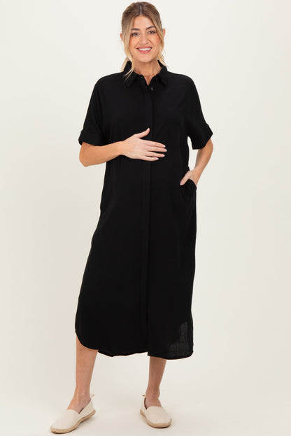 Black Button Down Maternity Midi Shirt Dress