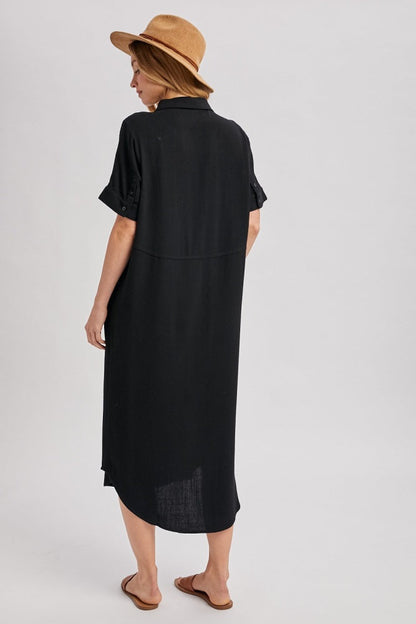Black Button Down Midi Shirt Dress