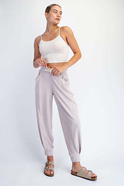 Beige Waffle Knit Raw Seam Maternity Joggers