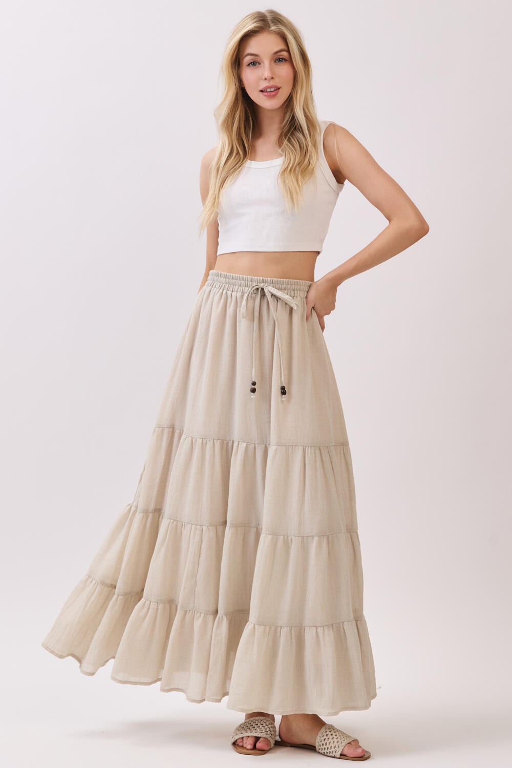 Beige Tiered Drawstring Maternity Maxi Skirt
