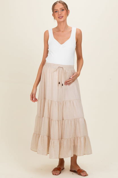 Beige Tiered Drawstring Maternity Maxi Skirt