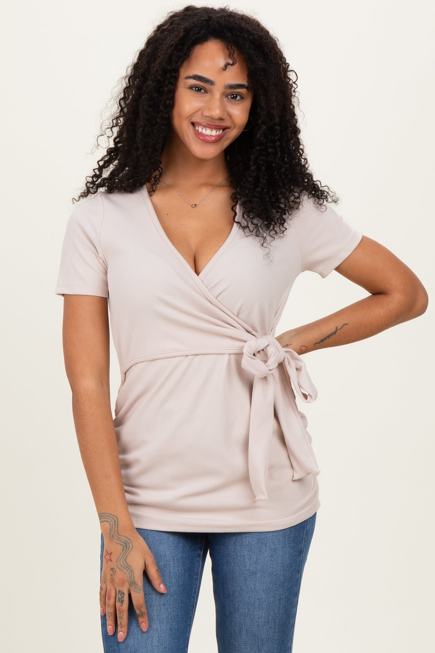 Beige Wrap Front Tie Nursing Top