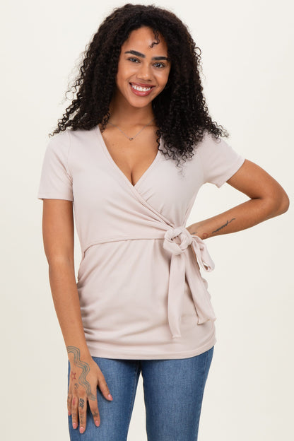 Beige Wrap Front Tie Nursing Top