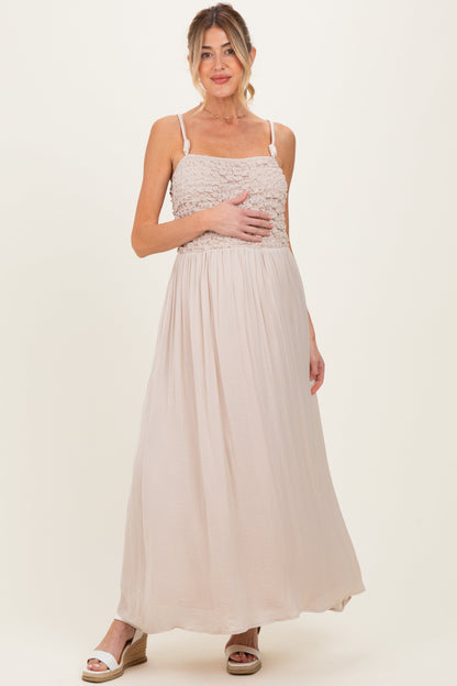 Beige Textured Smocked Maternity Maxi Dress