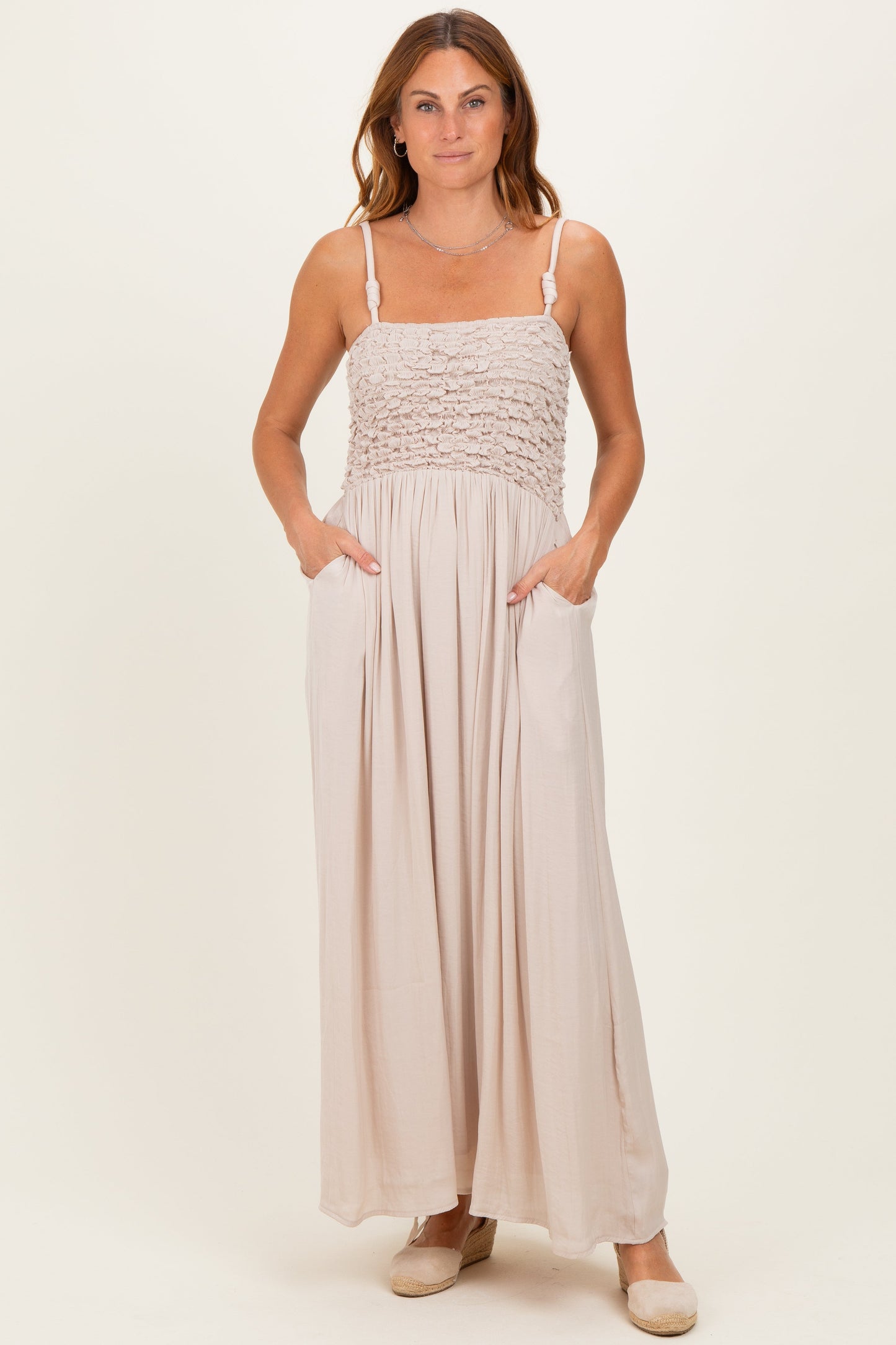 Beige Textured Smocked Maxi Dress