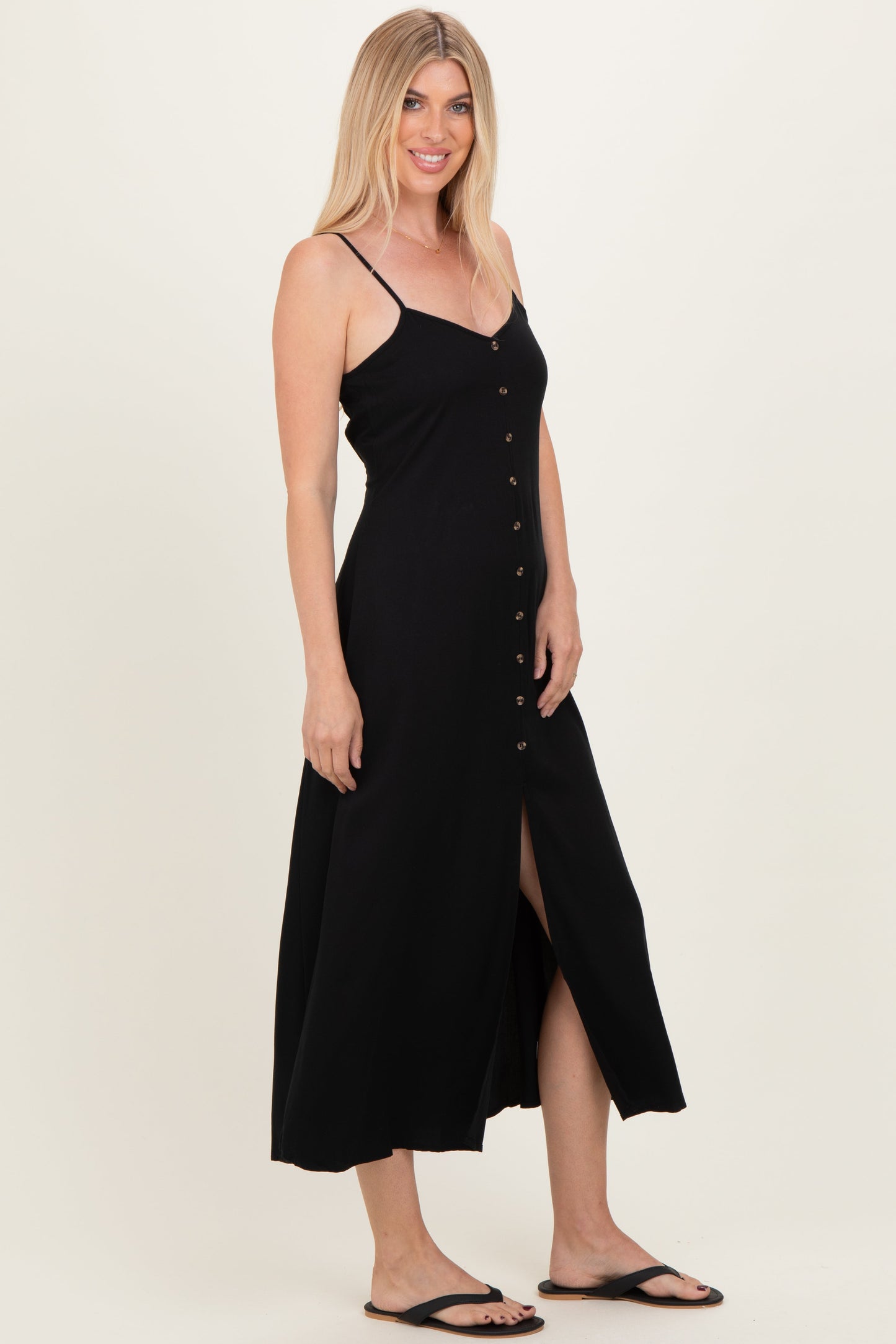 Black Button Accent Midi Dress