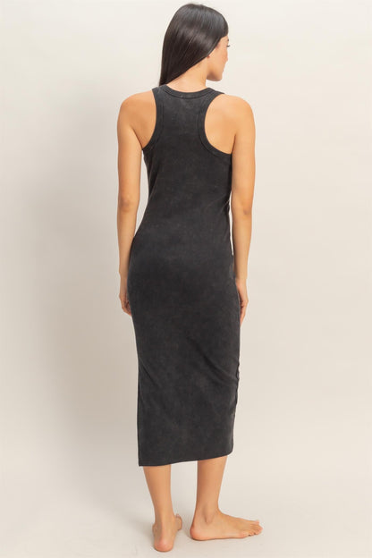 Black Acid Washed Ribbed Midi Tank Dress