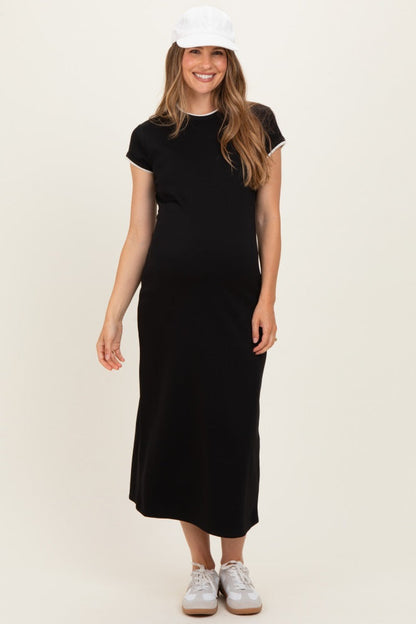 Black Contrast Trim Short Sleeve Maternity Midi Dress