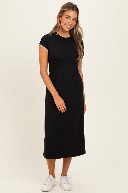 Black Contrast Trim Short Sleeve Midi Dress