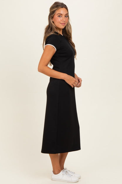 Black Contrast Trim Short Sleeve Midi Dress