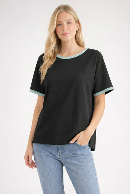 Black Contrast Trim Boxy Fit Tee