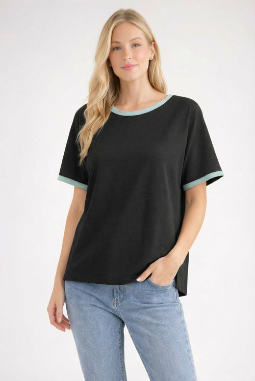 Black Contrast Trim Boxy Fit Tee