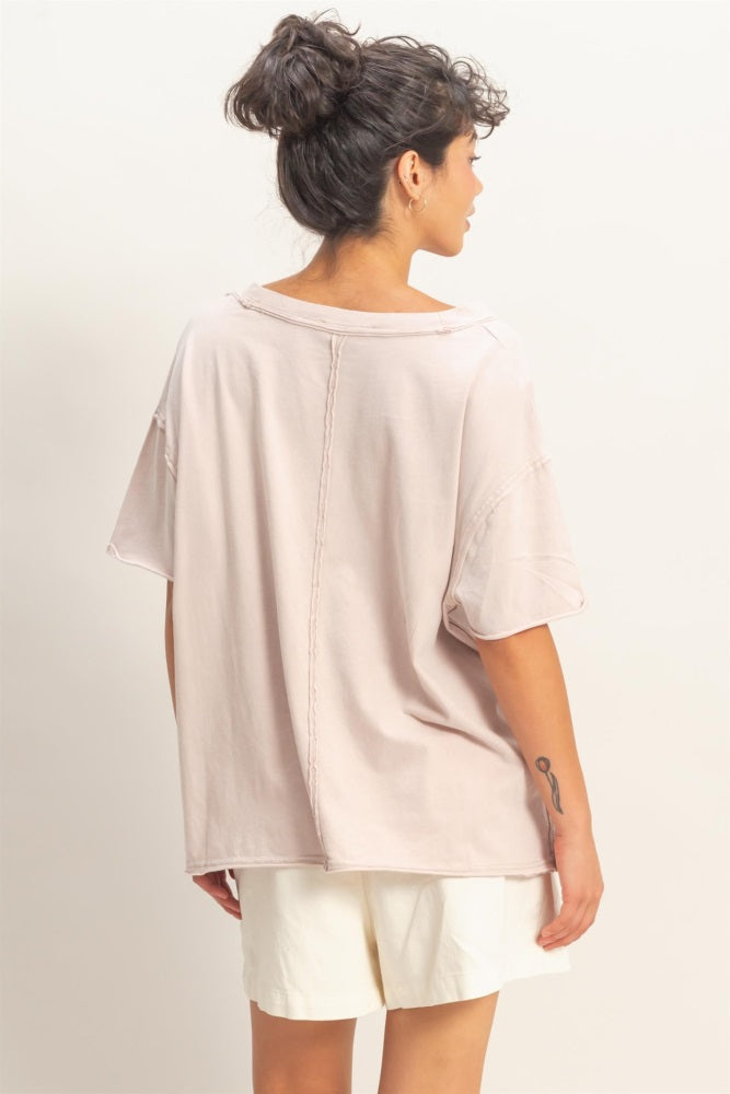 Beige Washed V-Neck Oversized Tee
