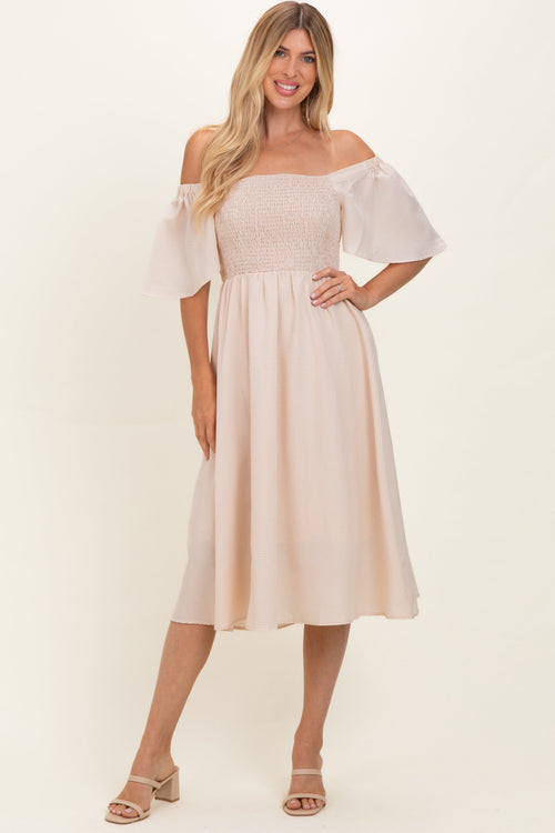 Biege Gingham Smocked Midi Dress