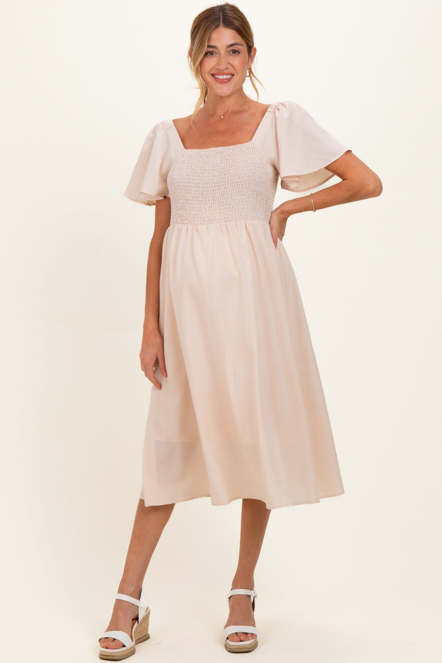 Biege Gingham Smocked Maternity Midi Dress