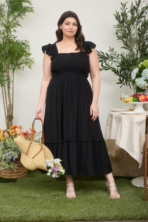Black Button Accent Smocked Plus Midi Dress