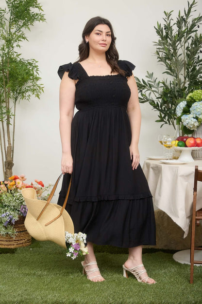 Black Button Accent Smocked Plus Midi Dress