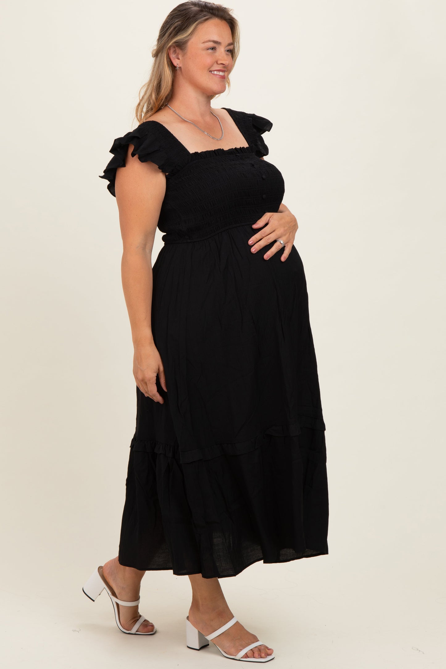 Black Button Accent Smocked Maternity Plus Midi Dress