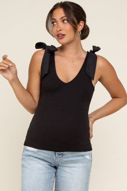 Black Bow Tie Detail Sleeveless V Neck Ribbed Maternity Top