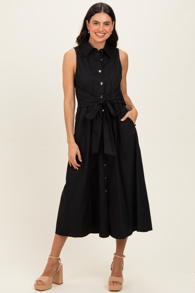 Black Button Up Sleeveless Maternity Midi Dress