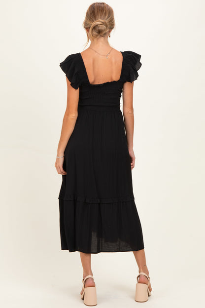 Black Button Accent Smocked Ruffle Maternity Midi Dress