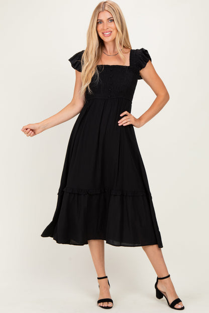 Black Button Accent Smocked Ruffle Maternity Midi Dress