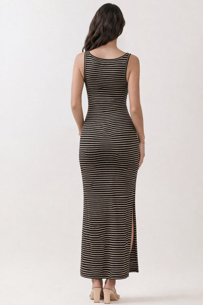 Black Beige Sleeveless Striped Maxi Dress