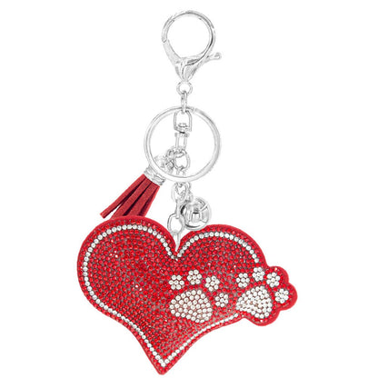 RHINESTONE HEART PAW KEYCHAIN WITH TASSEL,