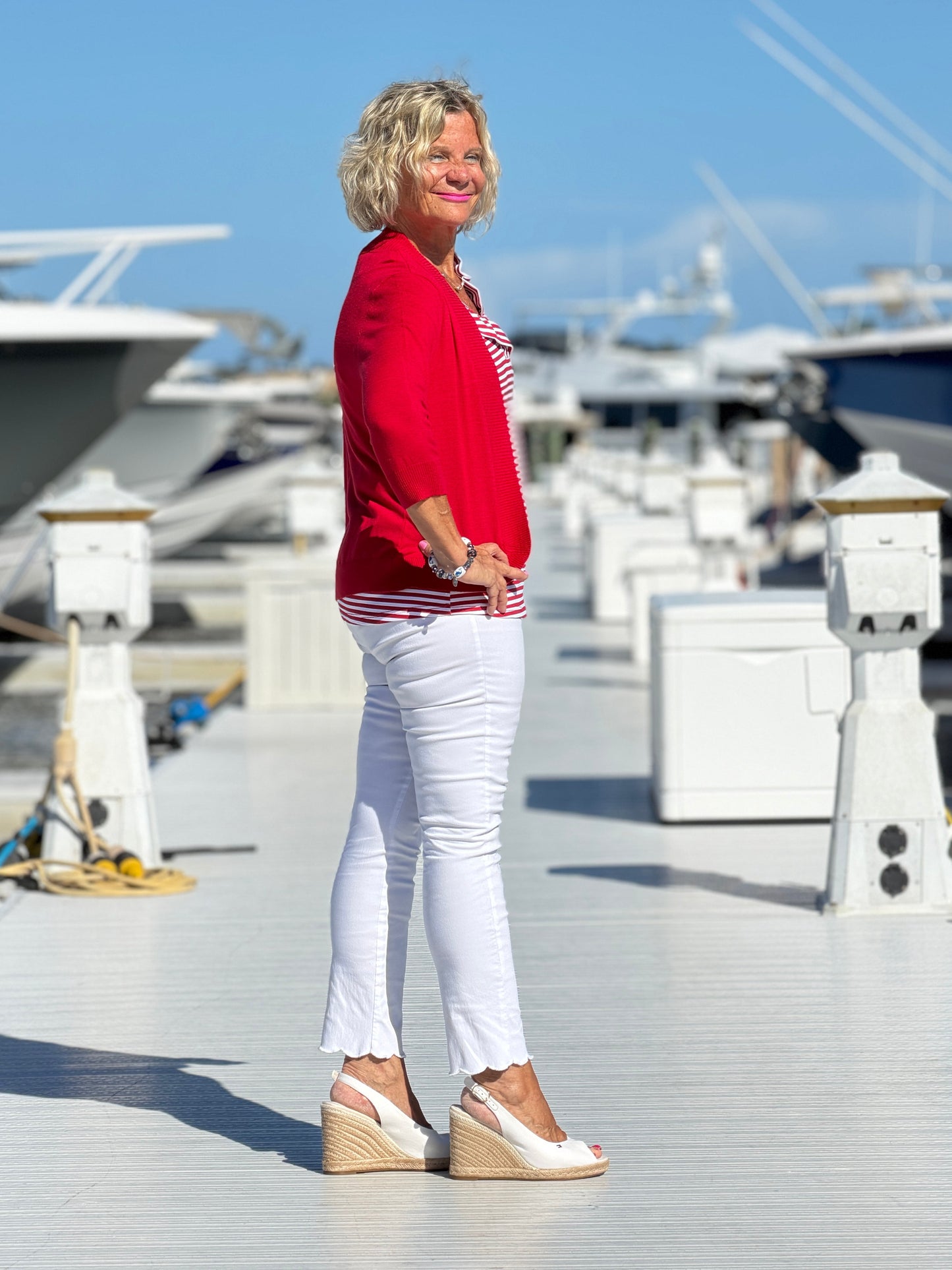REGATTA RED STRIPE SLEEVELESS RUFFLE TOP