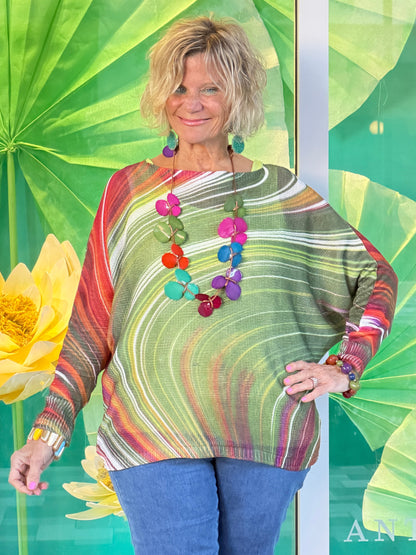 OLIVE Wavy Round Neck Knit Printed Sweater