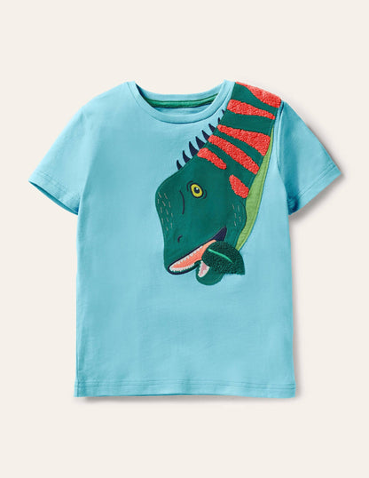 Bright Animal Appliqué T-shirt-Aqua Blue Dino