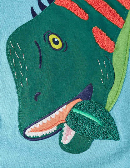 Bright Animal Appliqué T-shirt-Aqua Blue Dino