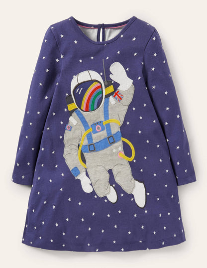 Big Appliqué Jersey Dress-Starboard Blue Space Scene