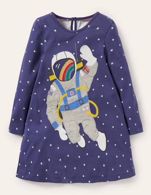 Big Appliqué Jersey Dress-Starboard Blue Space Scene