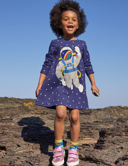 Big Appliqué Jersey Dress-Starboard Blue Space Scene