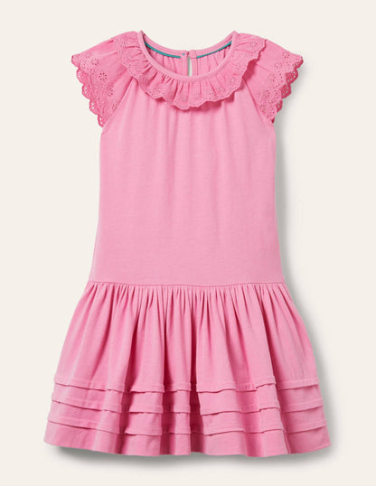 Broderie Detail Jersey Dress-Plum Blossom Pink