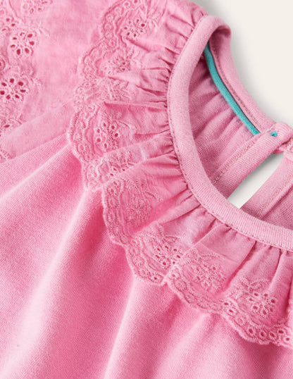 Broderie Detail Jersey Dress-Plum Blossom Pink