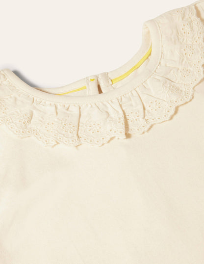 Broderie Detail Jersey Top-Ivory