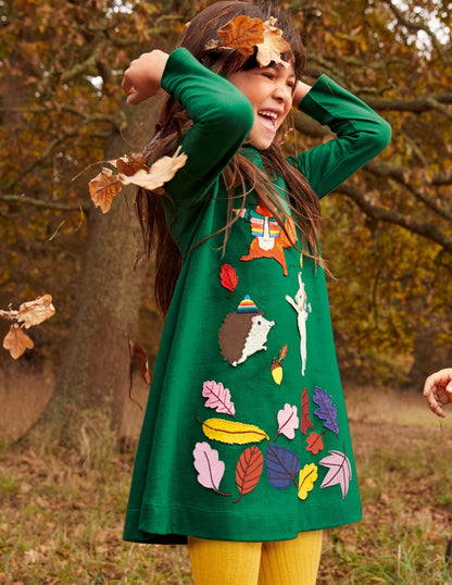 Big Appliqué Jersey Dress-Forest Green Animals