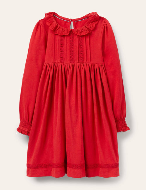 Broderie Collar Jersey Dress-Rockabilly Red