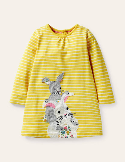 Big Appliqué Dress-Sweetcorn Yellow/Ivory Bunnies