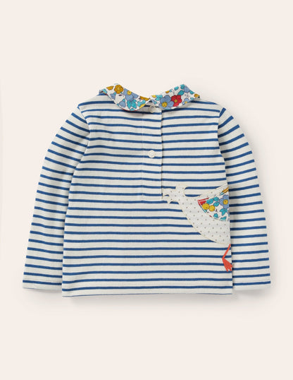 Big Appliqué Collared T-shirt-Ivory/Venice Blue Ducks