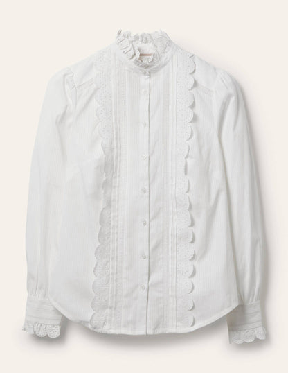 Broderie Ruffle Cotton Shirt-White